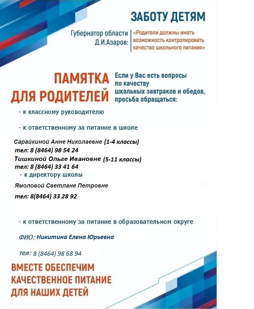 Памятка для родителей с телефонам ответственных по питанию